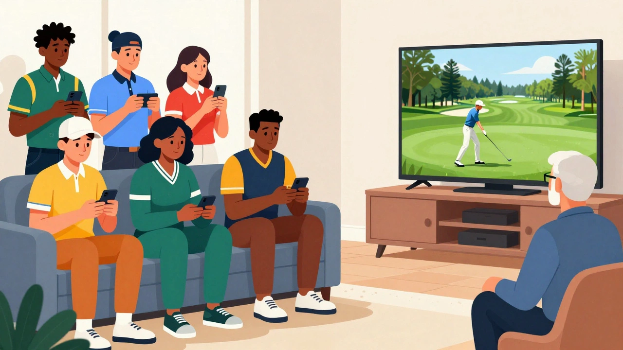 Modern fans watching golf on screens vs live spectators