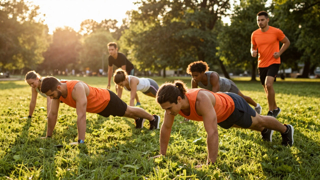 People exercising together in a park at sunset
