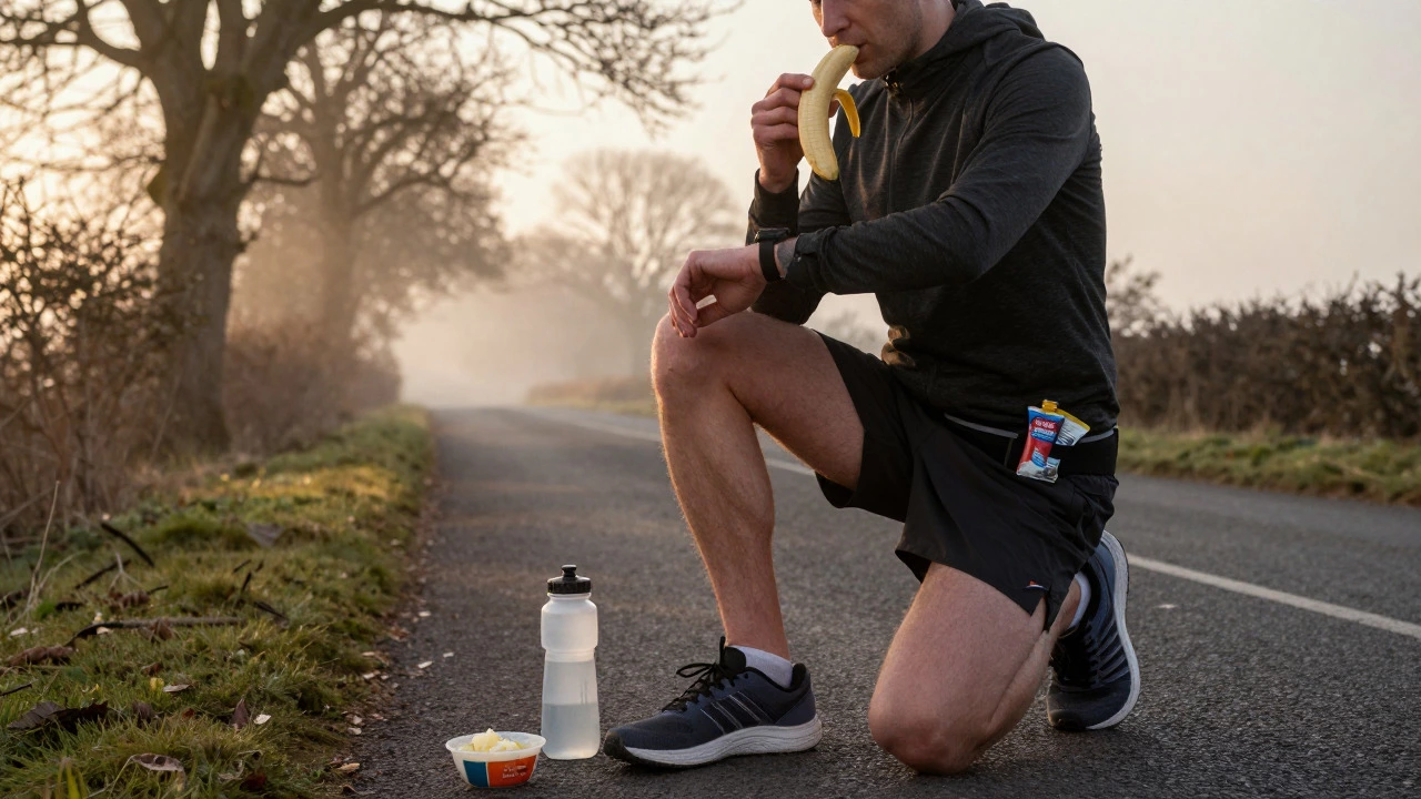 Runner preparing nutrition and gear for a long run at dawn