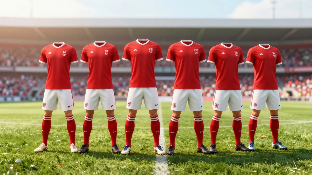 Soccer team kit including jersey, shorts, and socks on a grass pitch