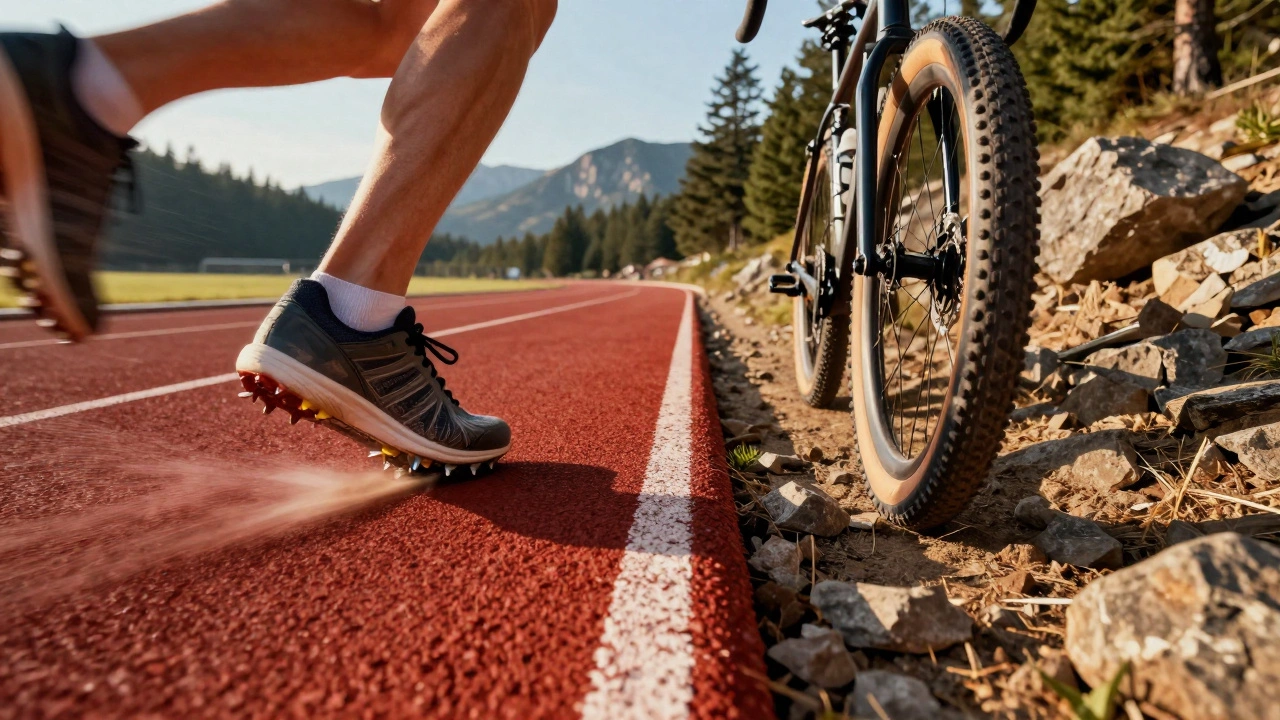 Split image showing running shoe on track and bike tire on trail