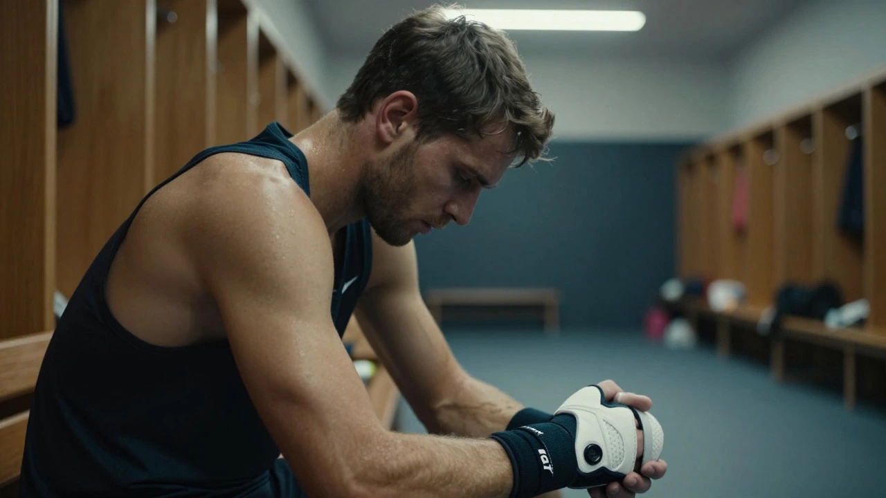 Tennis player resting with ice pack, representing injury-related withdrawal