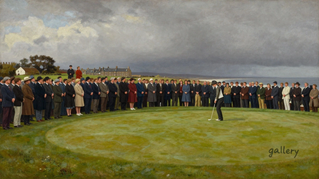Traditional gallery of spectators lining a Scottish links course