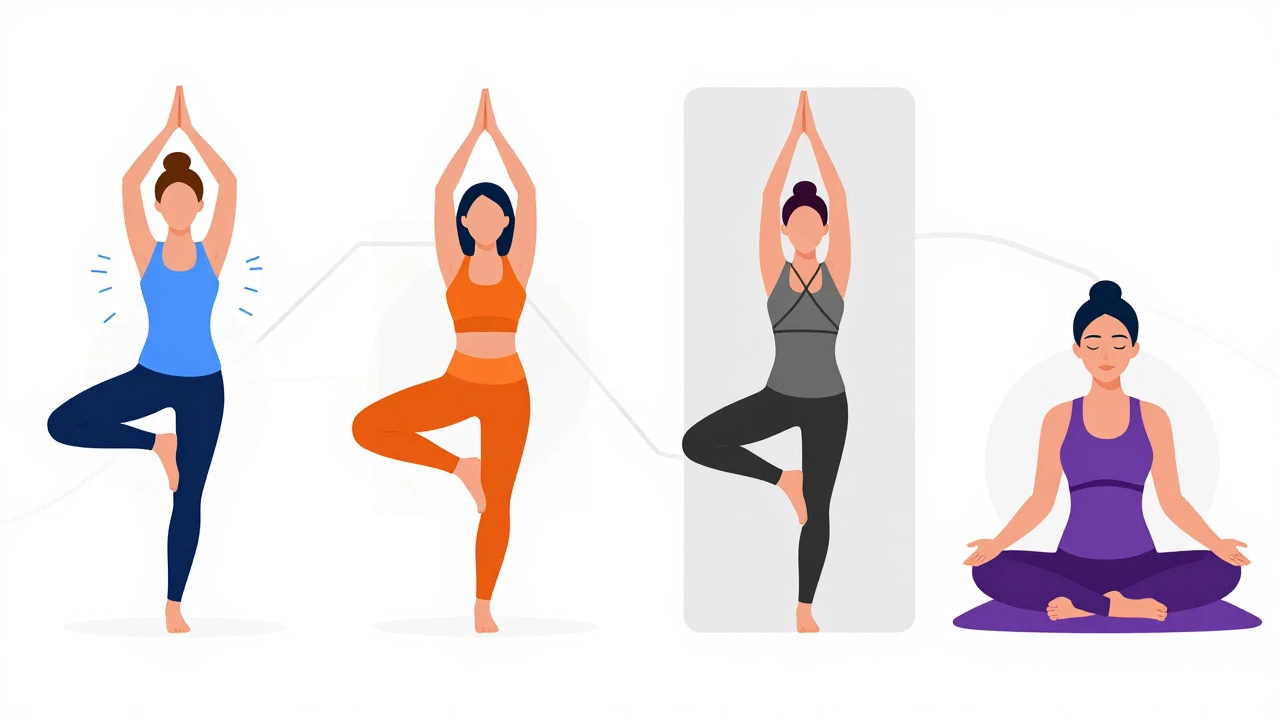 Vector illustration comparing four different yoga styles with distinct colors and props