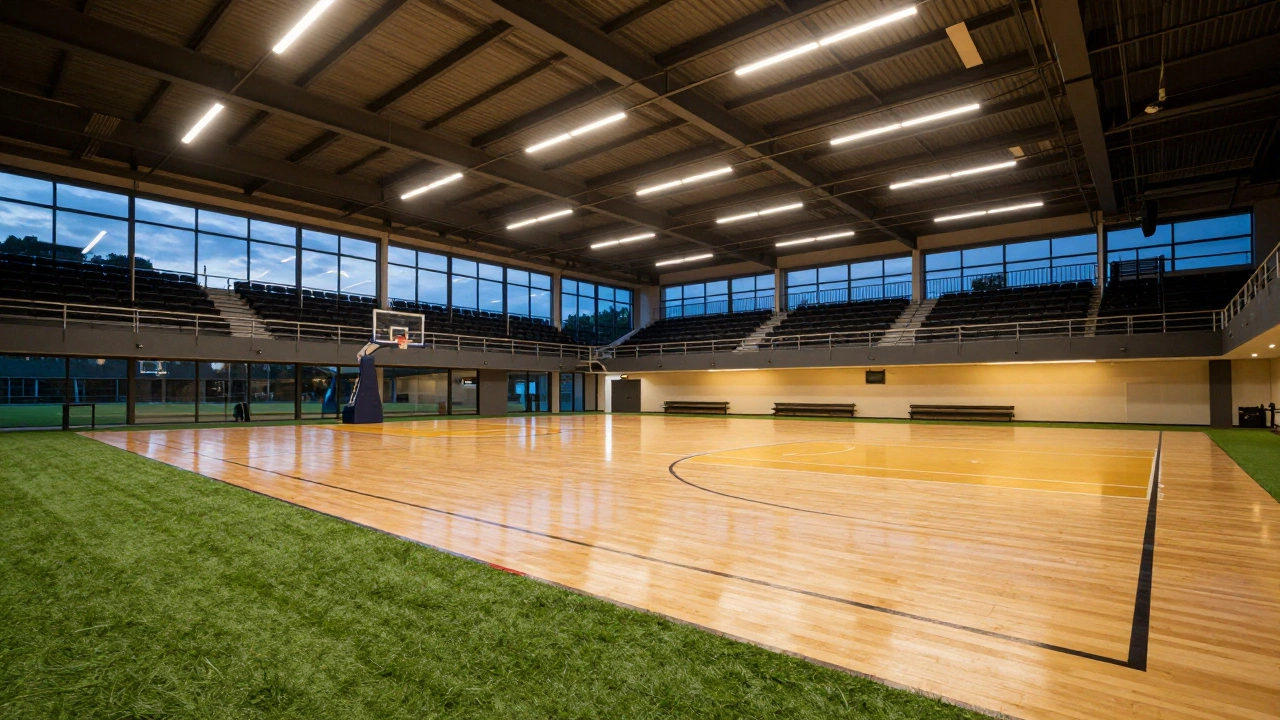Wide view of modern indoor sports arena with courts and seating