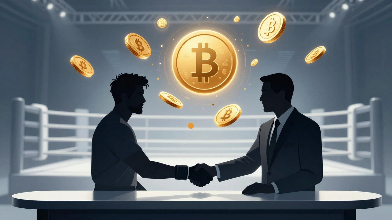 Abstract art showing boxer and promoter exchanging golden coins
