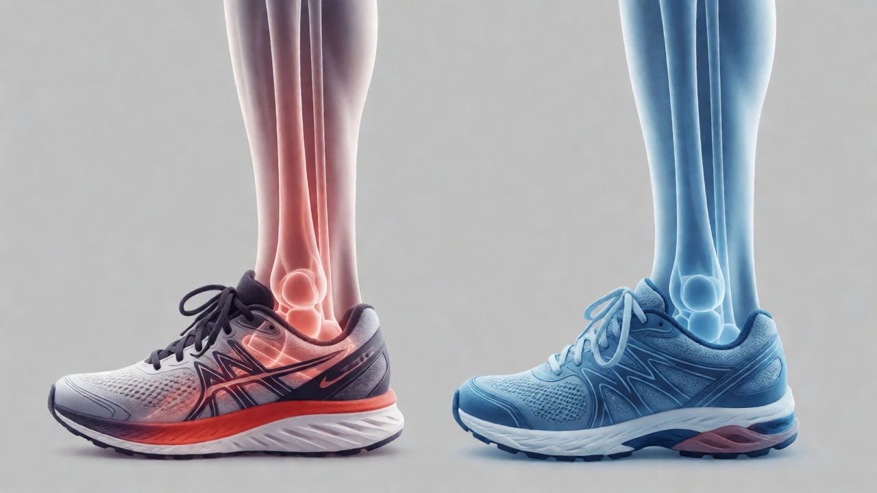 Anatomical comparison of leg mechanics in running versus walking shoes.