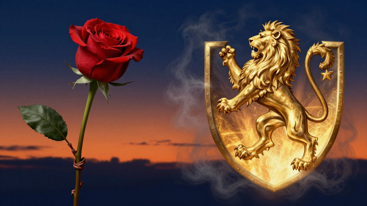 Artistic blend of a red rose and a lion symbolizing rugby identities