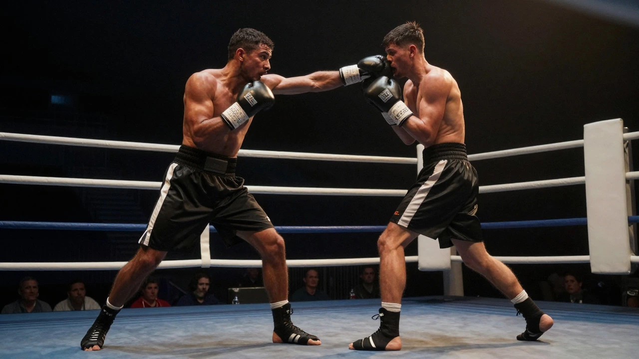 Boxer lands a finishing punch and steps back into a defensive stance
