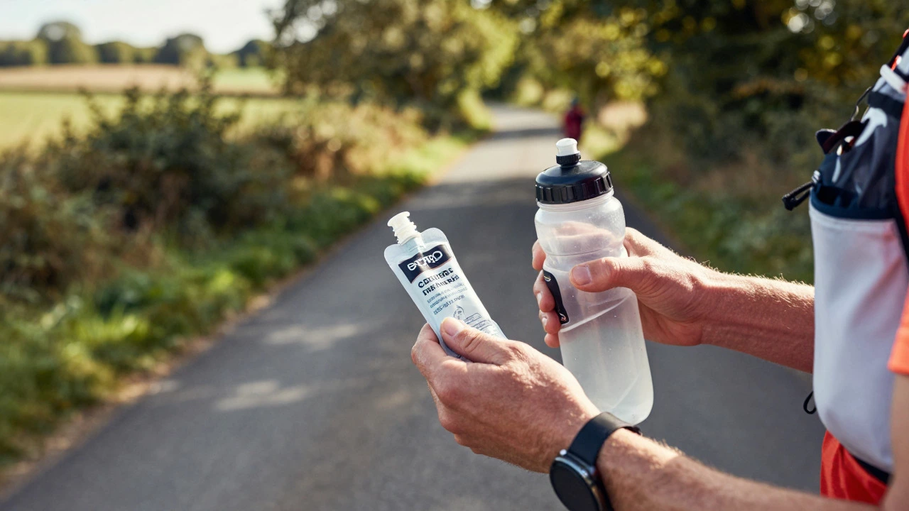 Close up of runner holding energy gel and water bottle