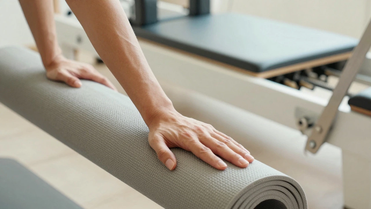 Close up of yoga pose and Pilates reformer machine details