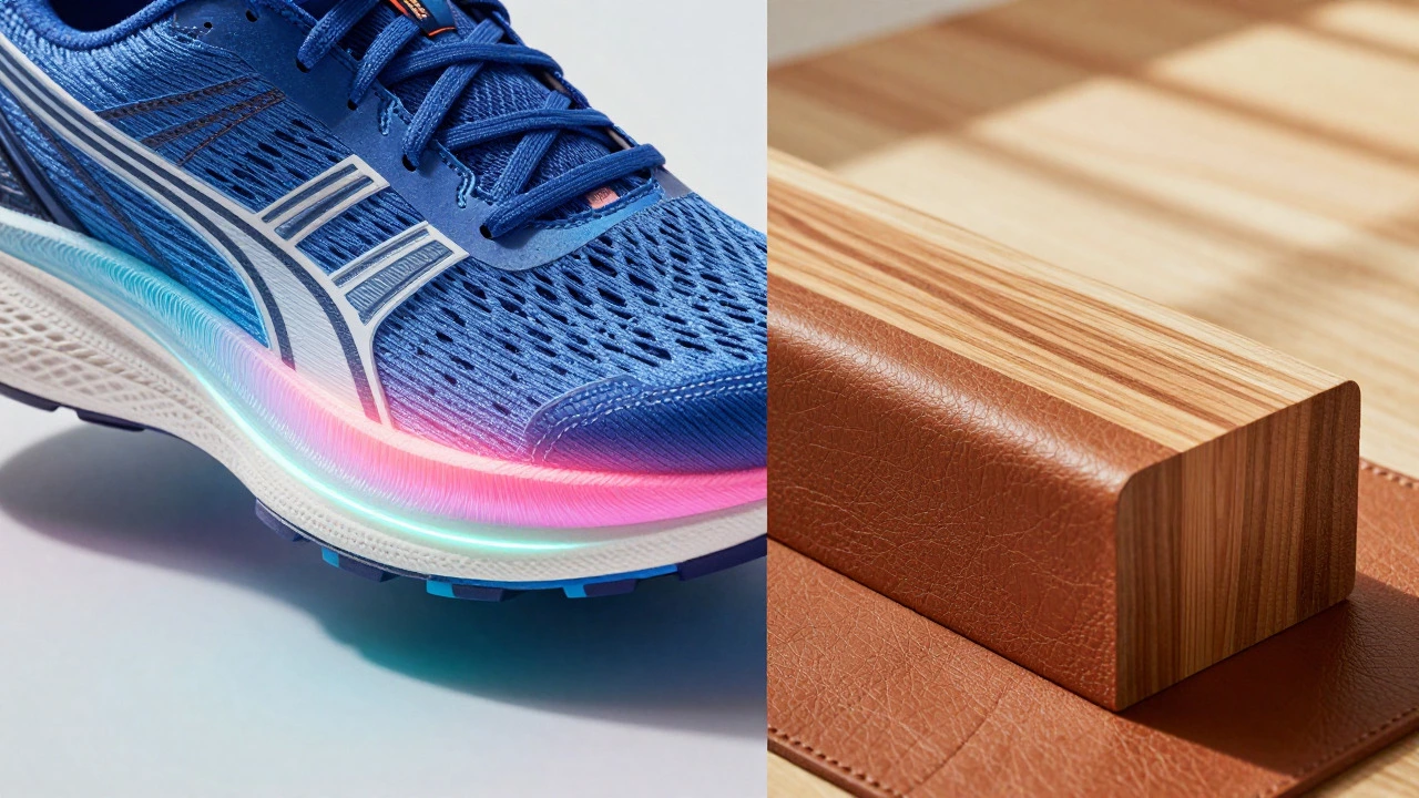 Cross-section of shoe foam and natural leather and wood materials side by side