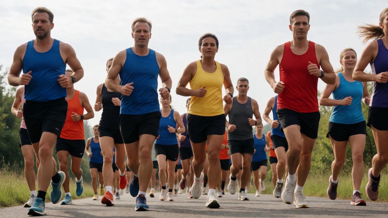 Diverse runners climbing a steep hill during a marathon