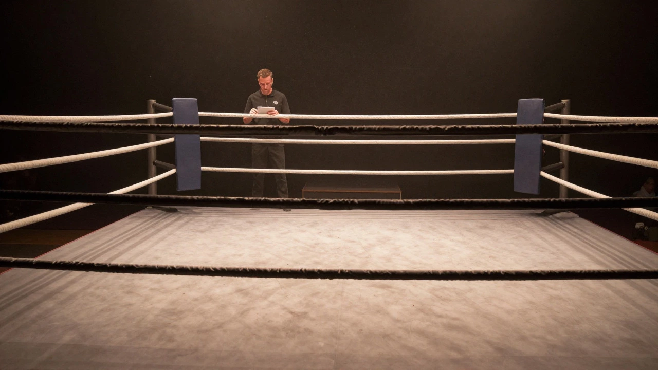 Empty boxing ring with referee, symbolizing non-official status