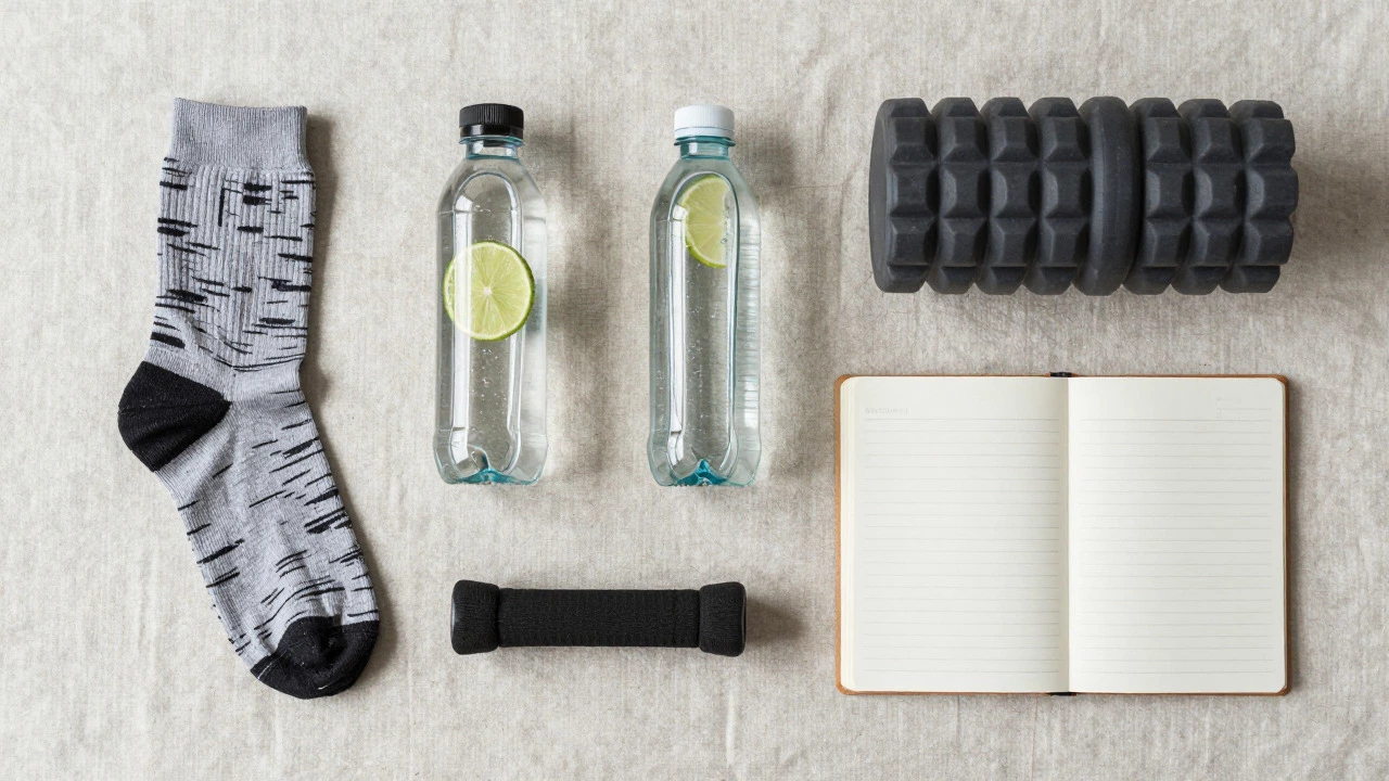 Flat lay of fitness essentials including socks, water, and a notebook
