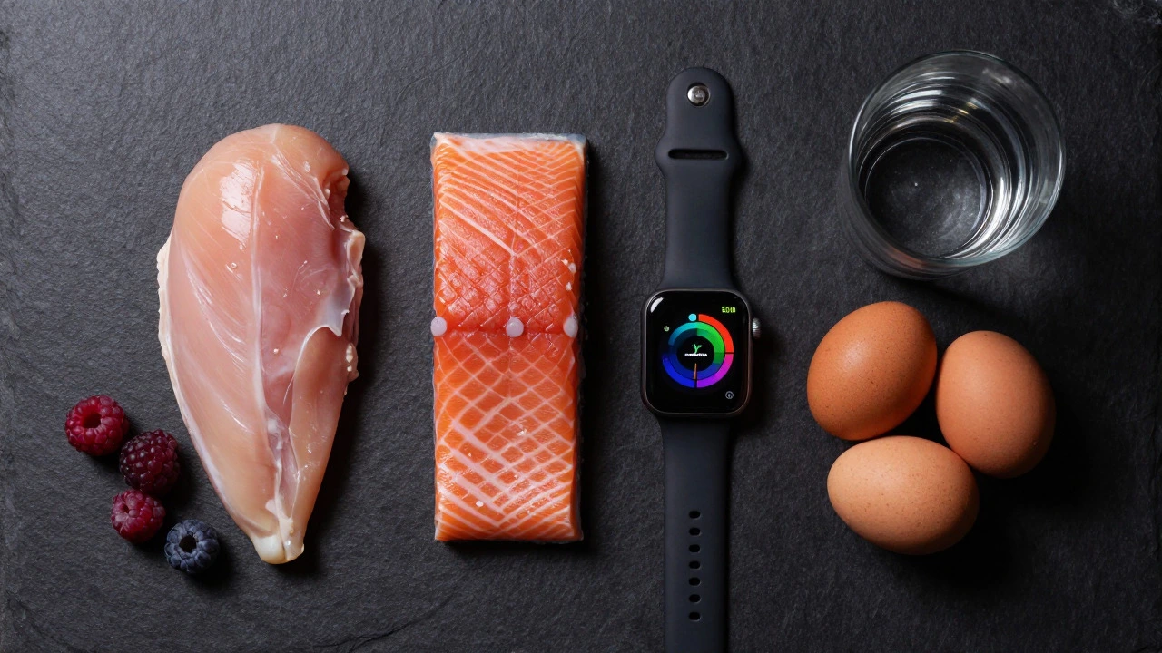 Healthy protein foods and smartwatch on table