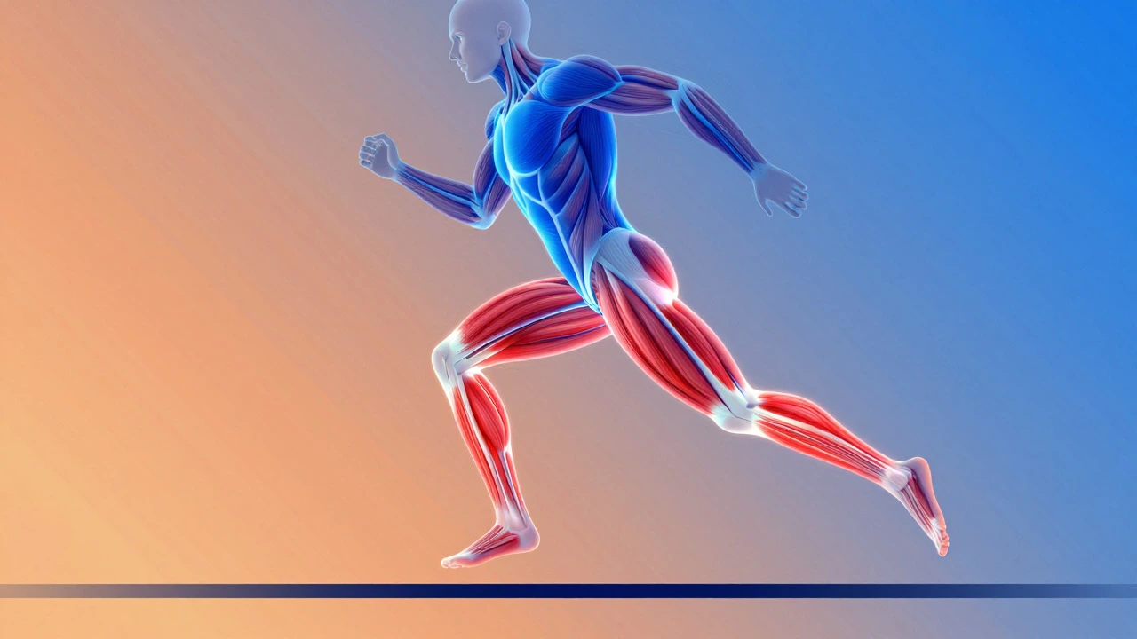 Illustration of muscle fibers showing glycogen vs fat oxidation energy sources
