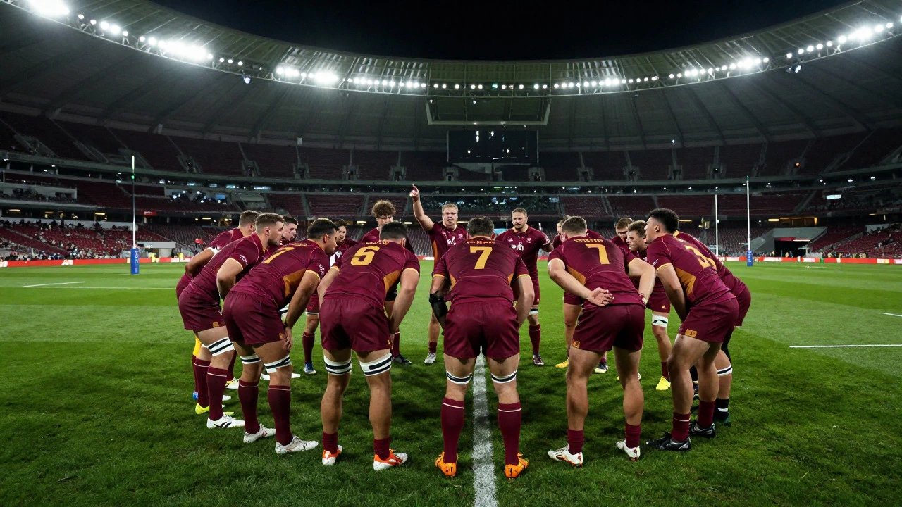 Lions rugby team huddling in a stadium under spotlights