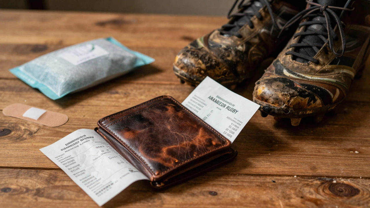 Open wallet and muddy rugby boots on a table symbolizing high costs