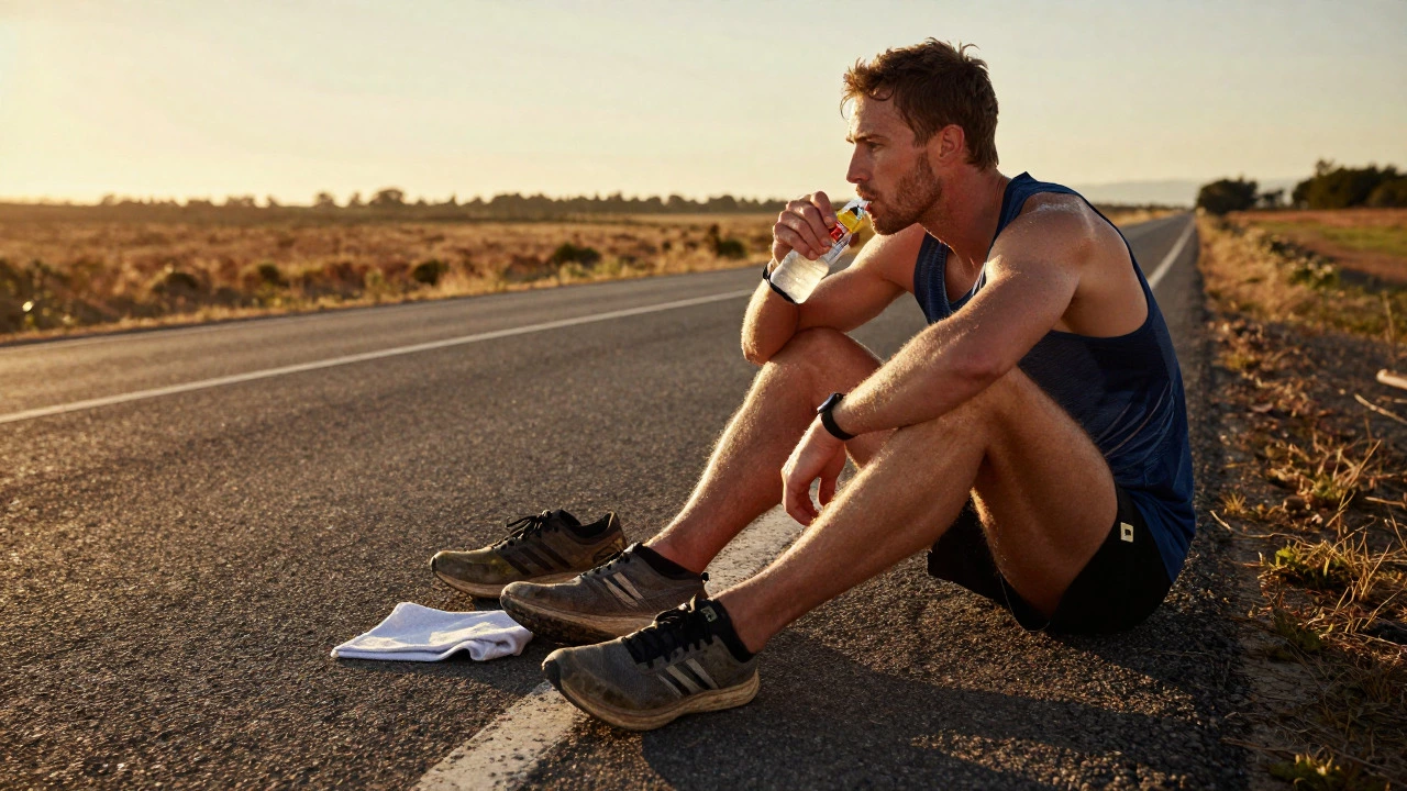 Runner taking nutrition break on a rural road during long training run