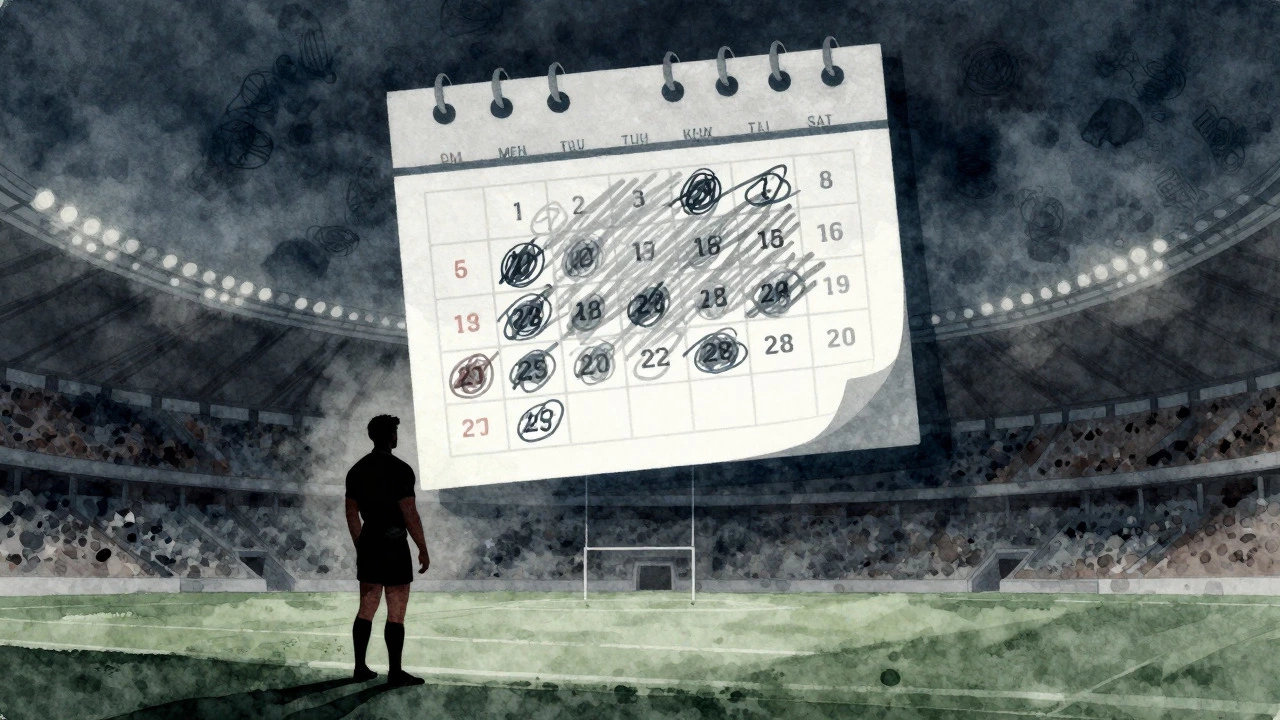 Silhouette of a tired rugby player facing a busy schedule
