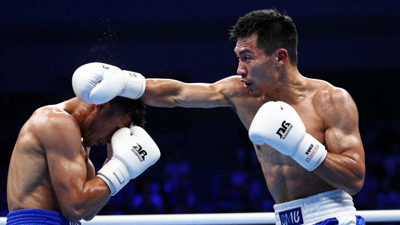 Southpaw boxer executes a powerful right hook to the body