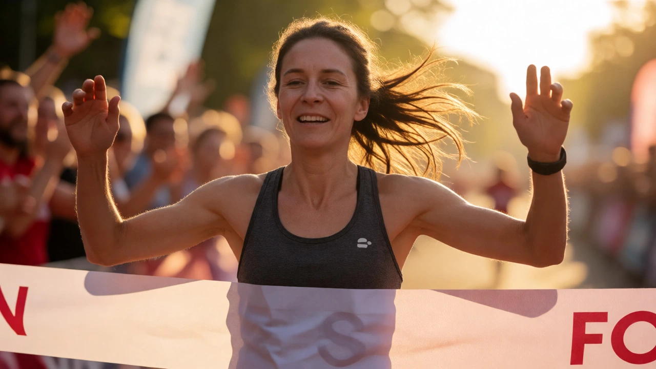 Tired female runner crossing the marathon finish line