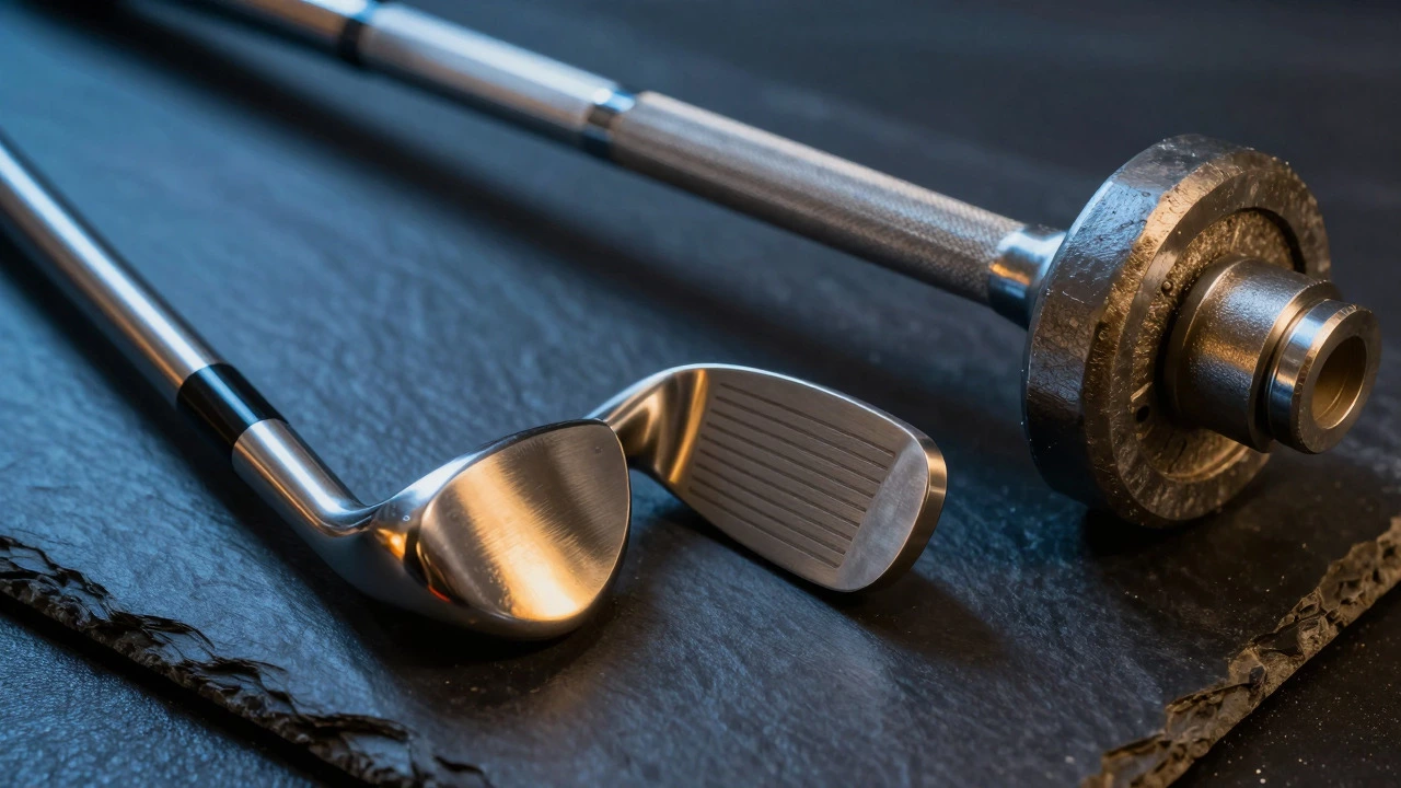 Titanium golf club, aluminum tube, and steel barbell showcasing metal textures