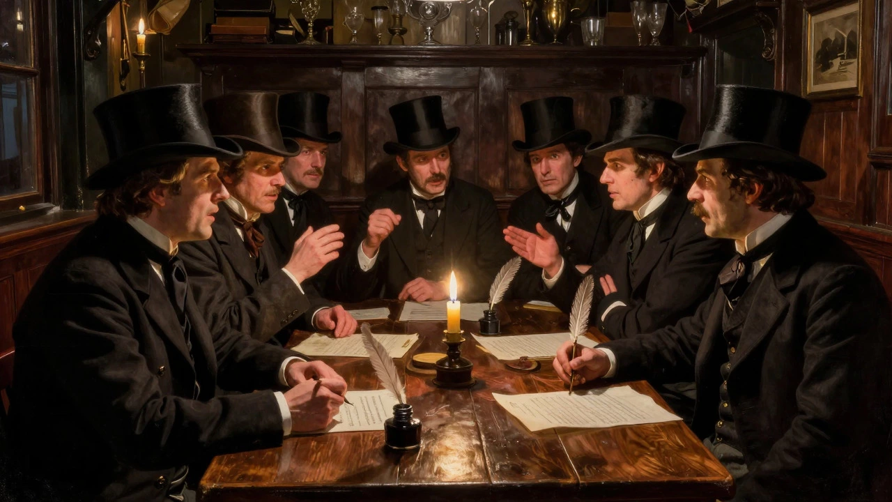 Victorian gentlemen debating football rules around a table in a tavern