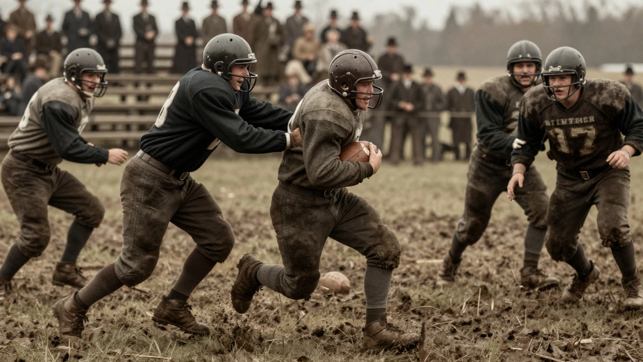 Vintage American football players in muddy field during a rough match