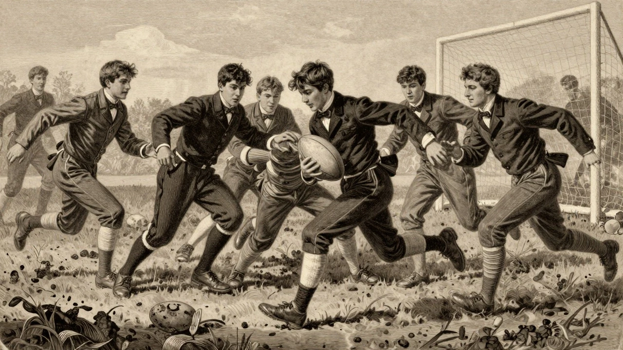 Vintage illustration of a 19th-century student running with a rugby ball during a match