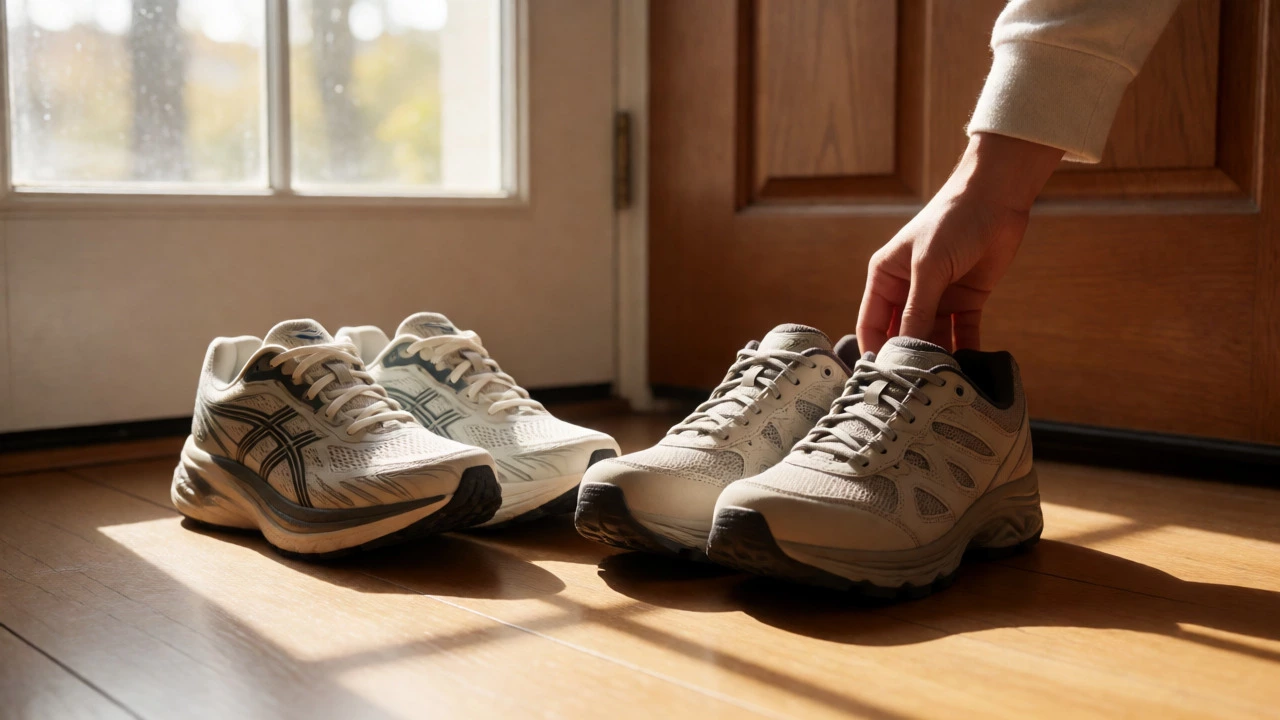 Walking shoes selected over running shoes by a doorway for daily use.