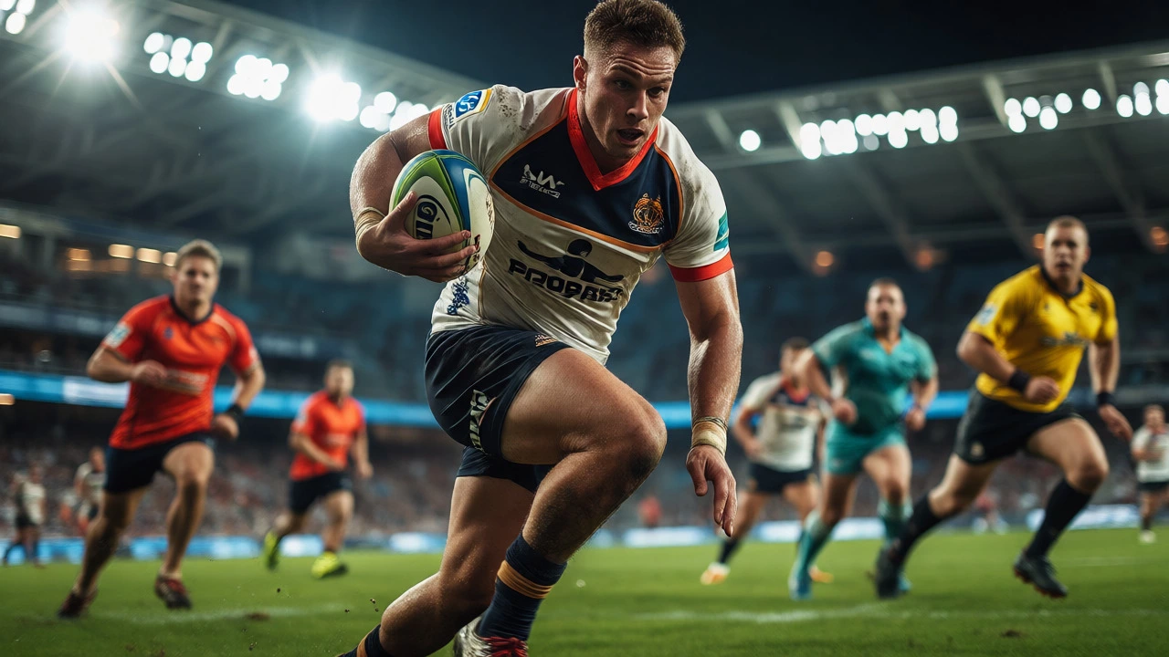 A rugby player sprinting with the ball during an intense Super Rugby match.