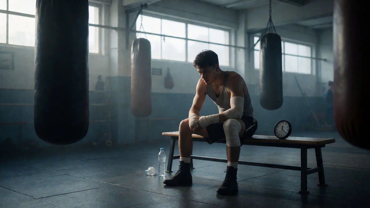 A tired boxer resting on a bench in an empty gym at dawn.