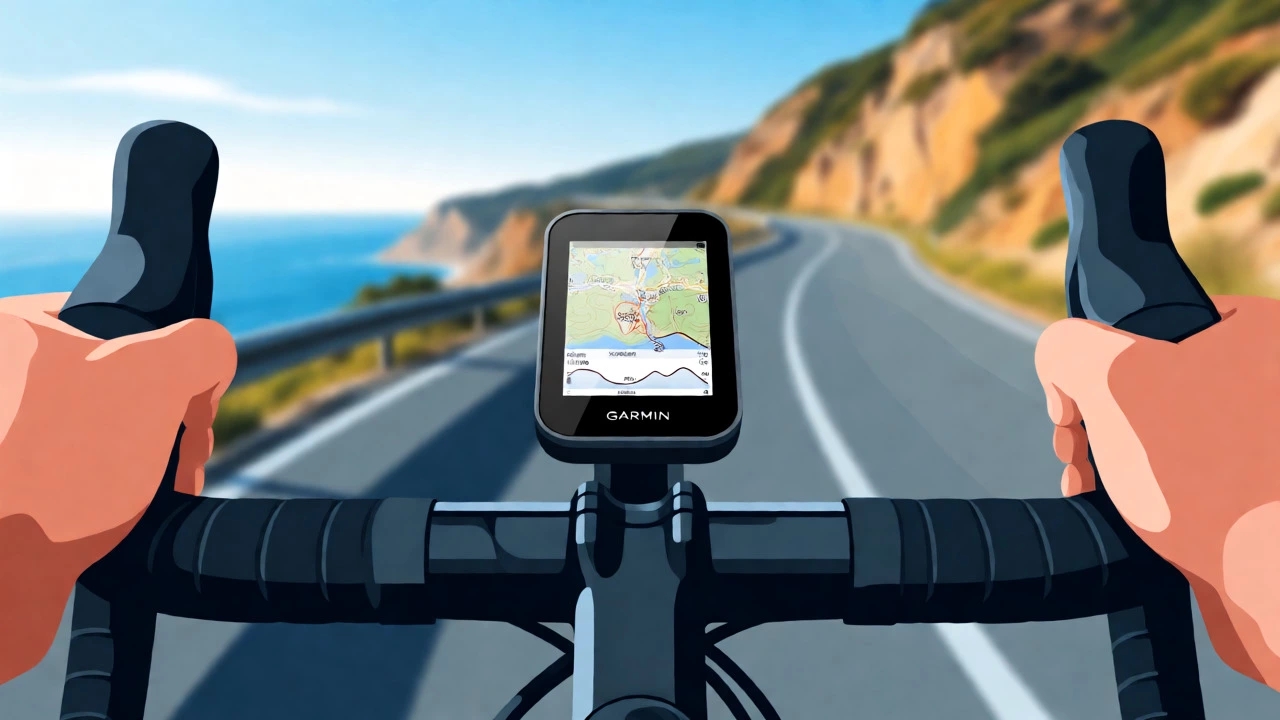 Close-up of cycle computer showing detailed topo map on handlebars