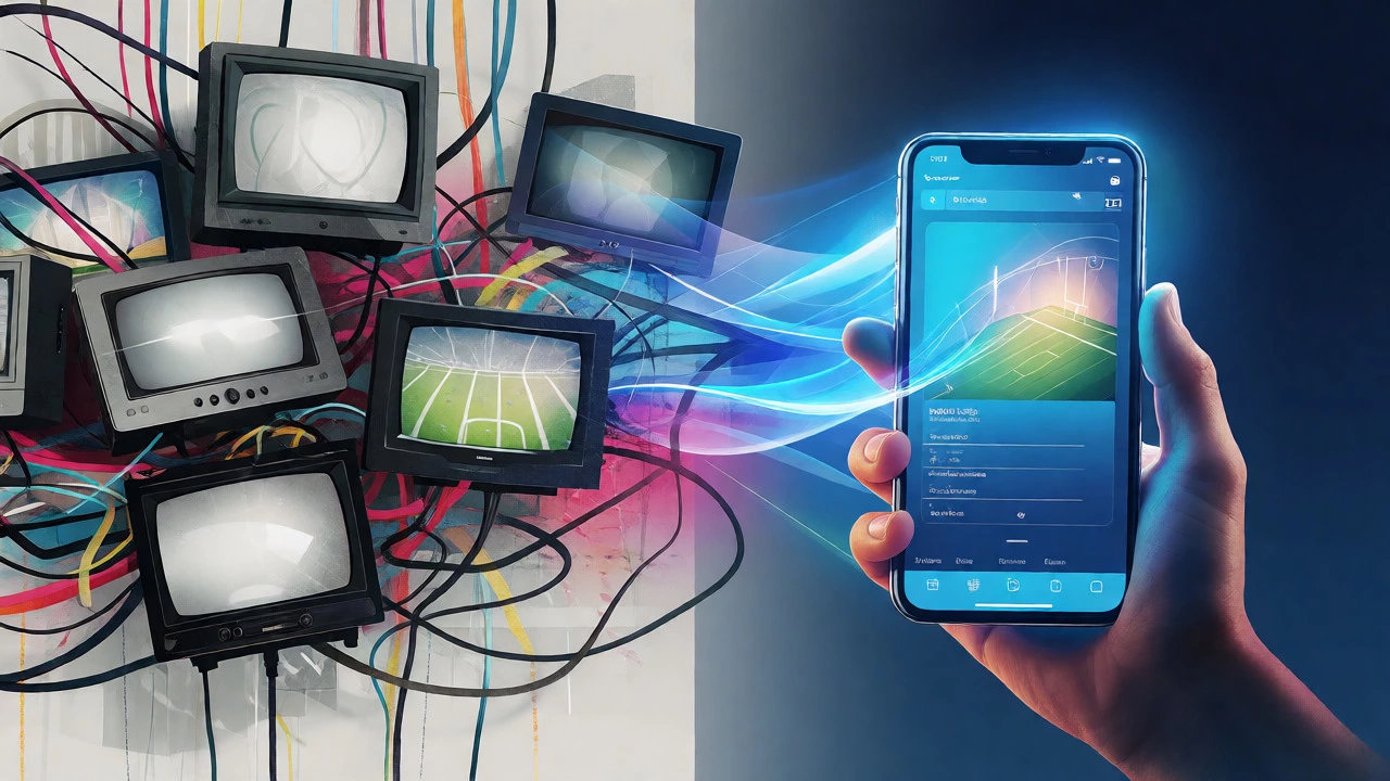 Conceptual art contrasting fragmented TV signals with a unified streaming app.