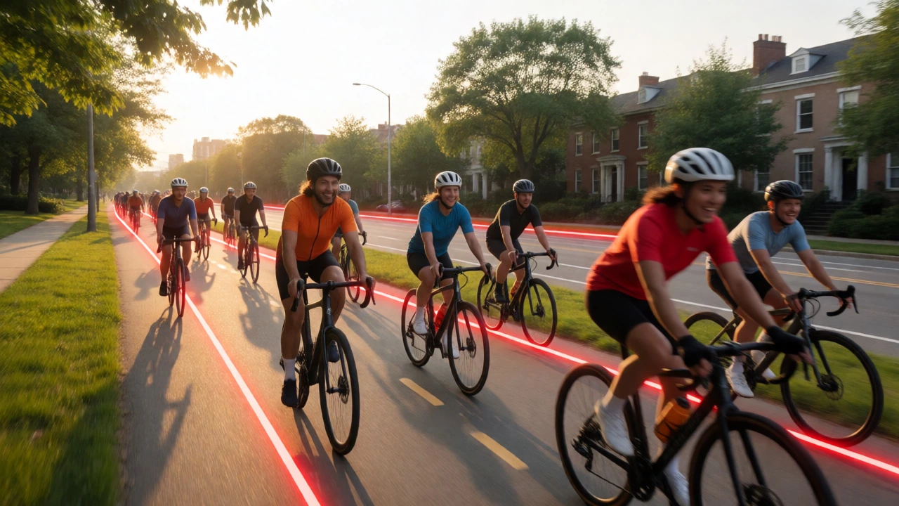 Cyclists on urban path with glowing heatmap overlay at sunset