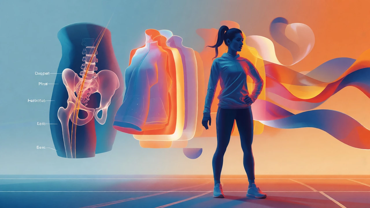 Digital art of an athlete surrounded by symbols of hormonal and biomechanical support