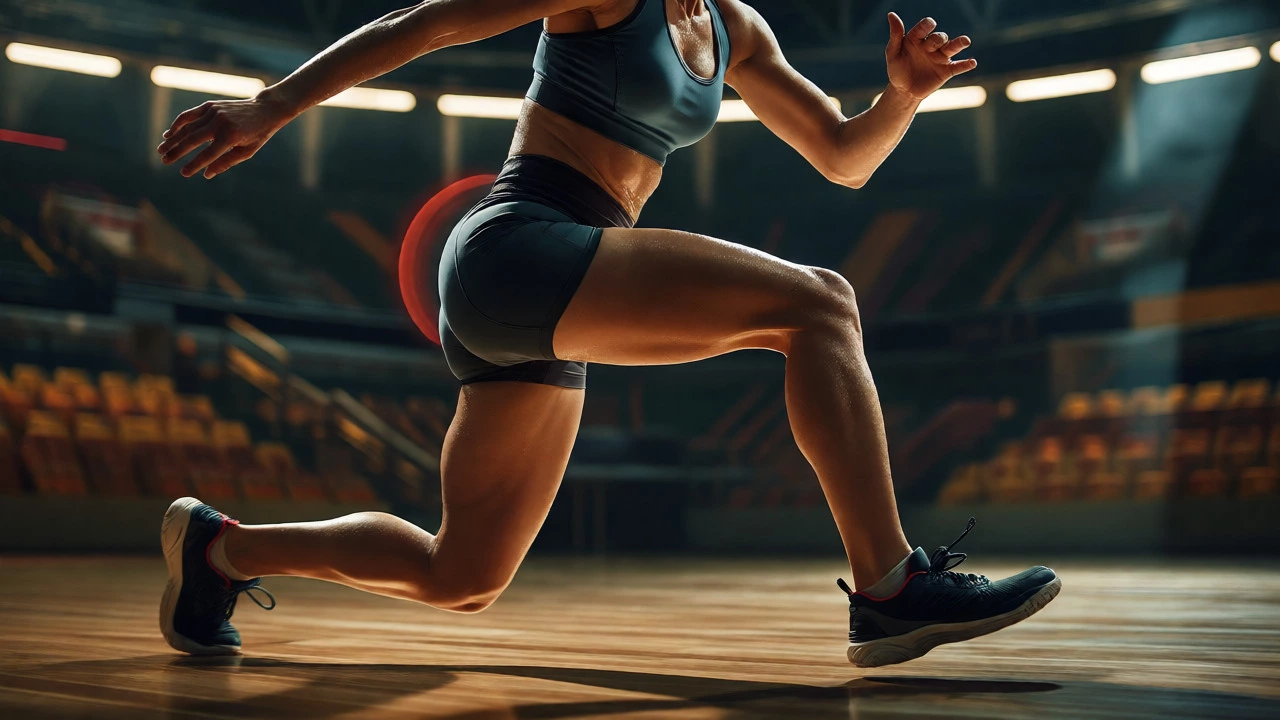 Female athlete jumping with proper knee alignment and supportive gear