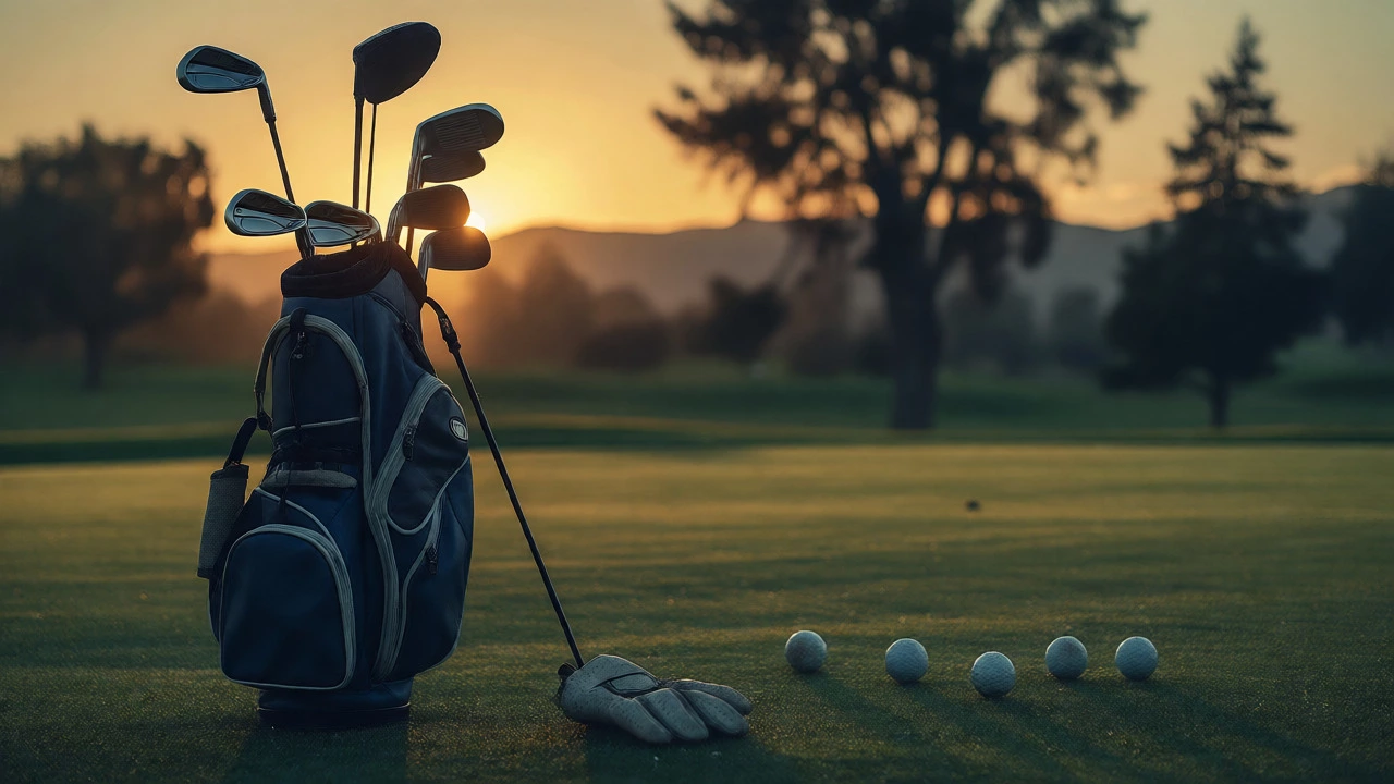 Golf bag with clubs on a green fairway at sunset