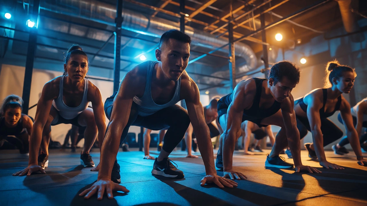 Group exercising intensely in a gym, focusing on squats and push-ups under dramatic lighting.