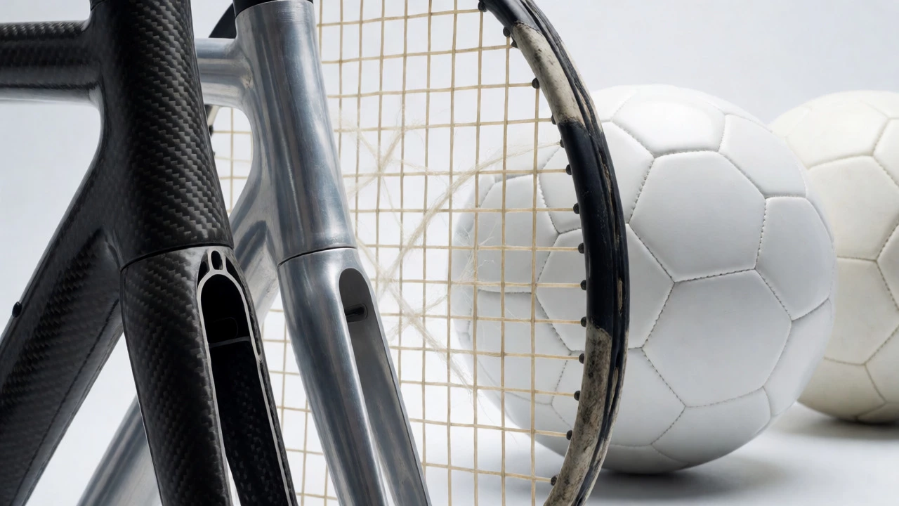 Macro comparison of carbon fiber frames, worn strings, and leather balls showing wear.