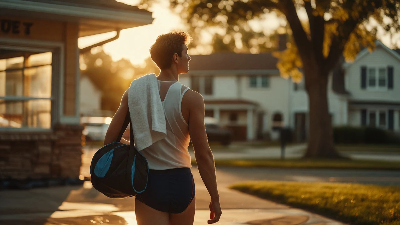 Satisfied swimmer leaving a community pool facility