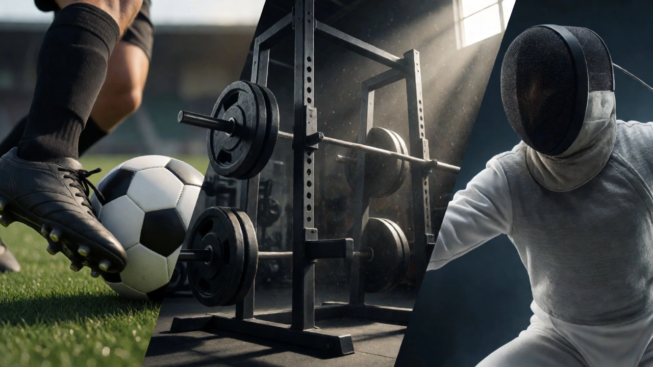 Split view of soccer ball, gym squat rack, and fencer illustrating equipment pillars.