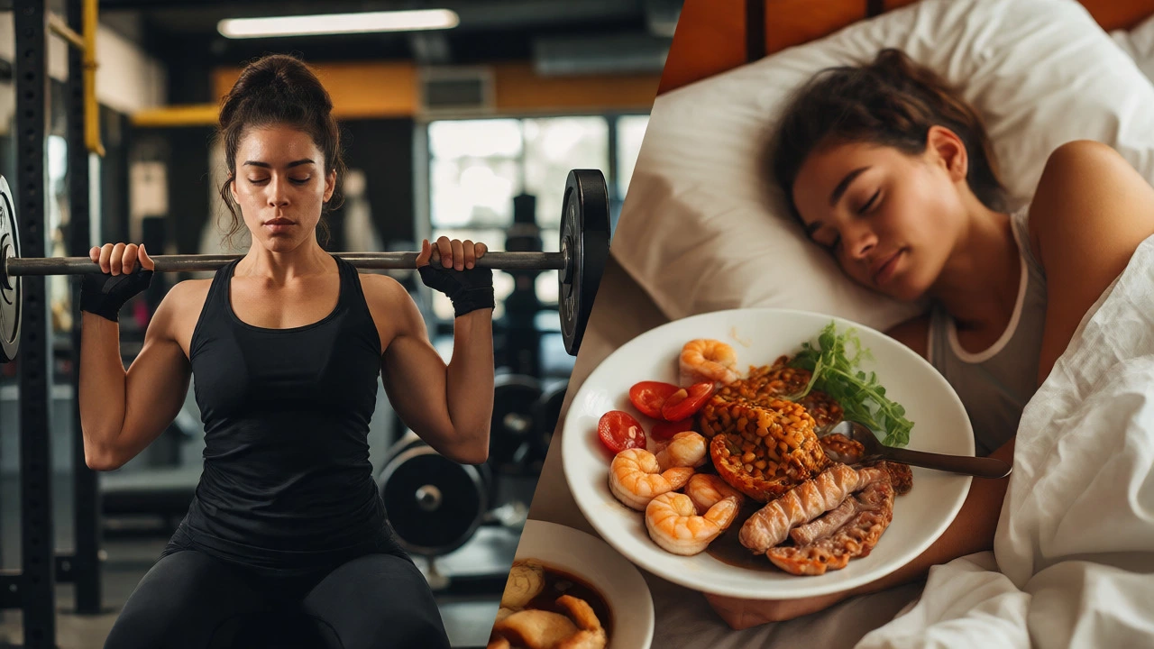 Split view of weightlifting, healthy eating, and sleeping, representing a balanced fitness lifestyle.