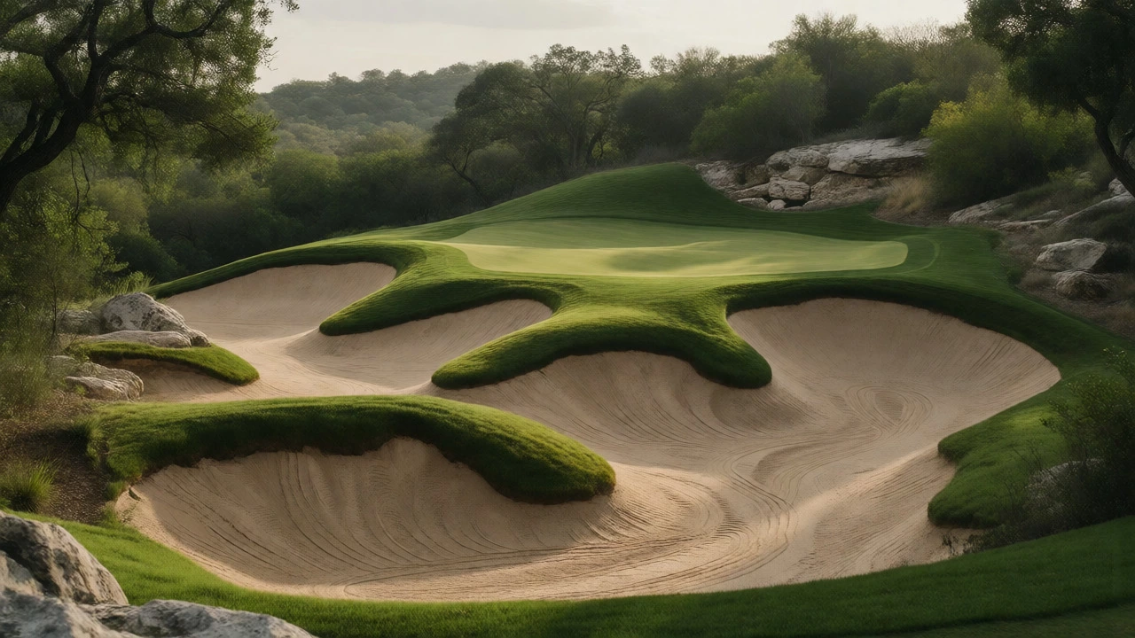 Steep elevation change and strategic bunkering on a Texas hill country golf course
