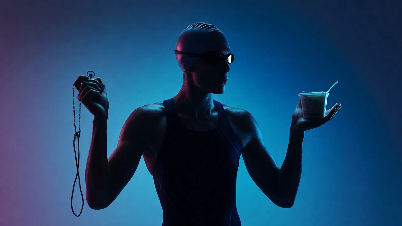 Swimmer holding stopwatch and healthy snack