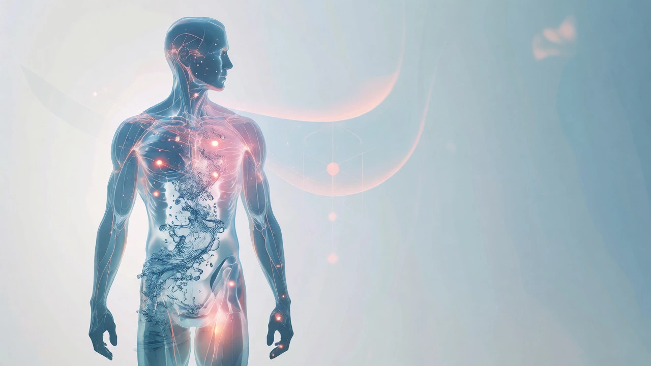 Translucent human silhouette showing internal signs of health, hydration, and muscle tone.