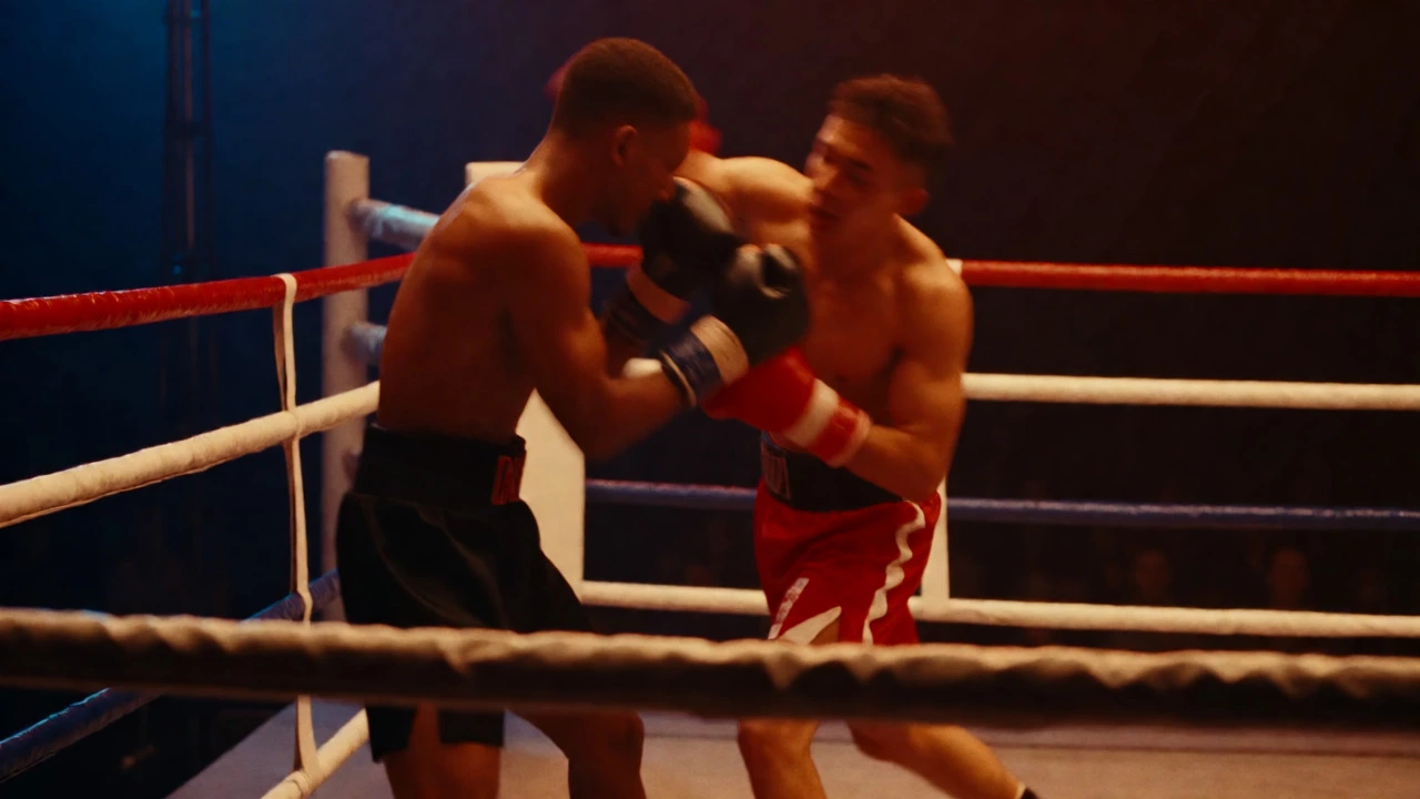 Two boxers exchanging powerful punches in a chaotic ring brawl.
