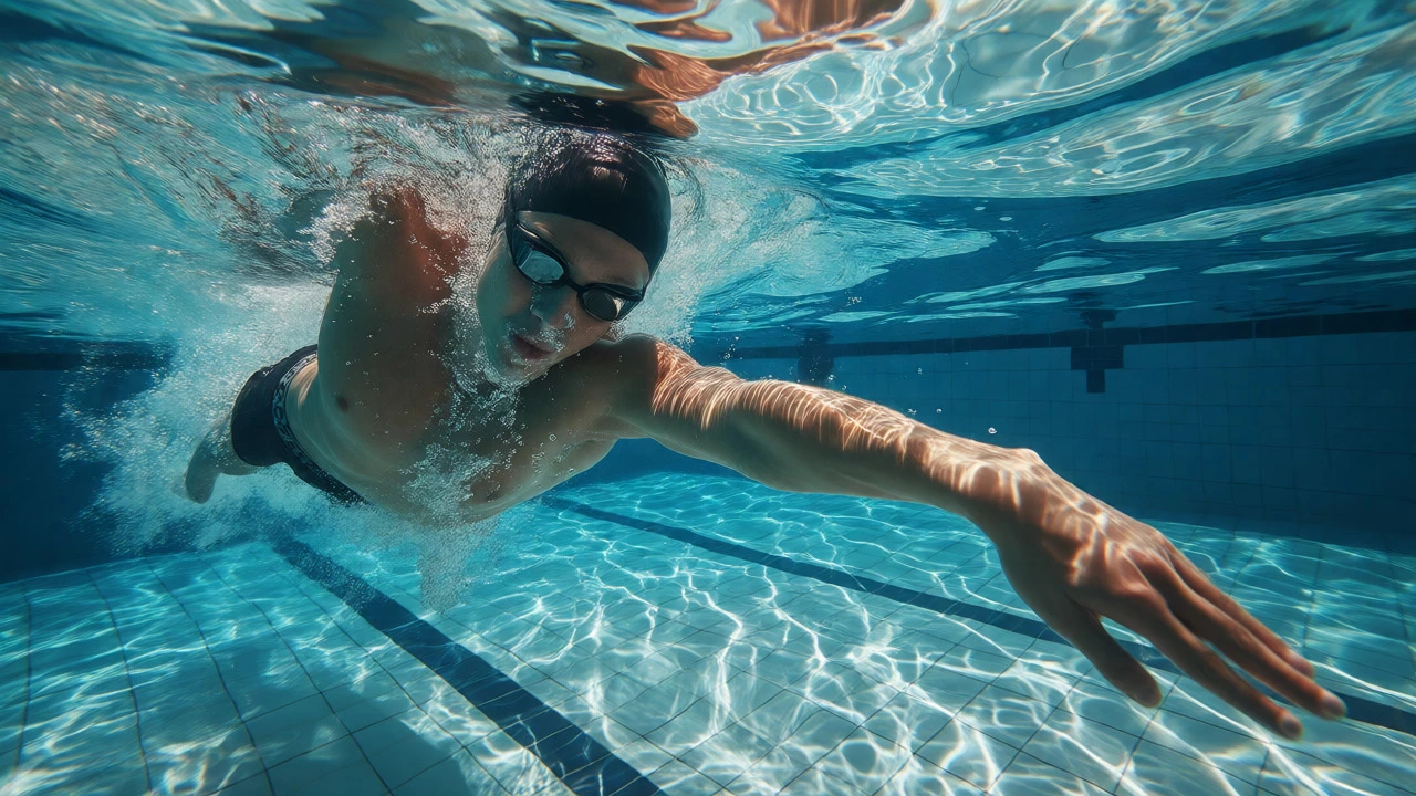 Underwater view of a swimmer practicing freestyle technique